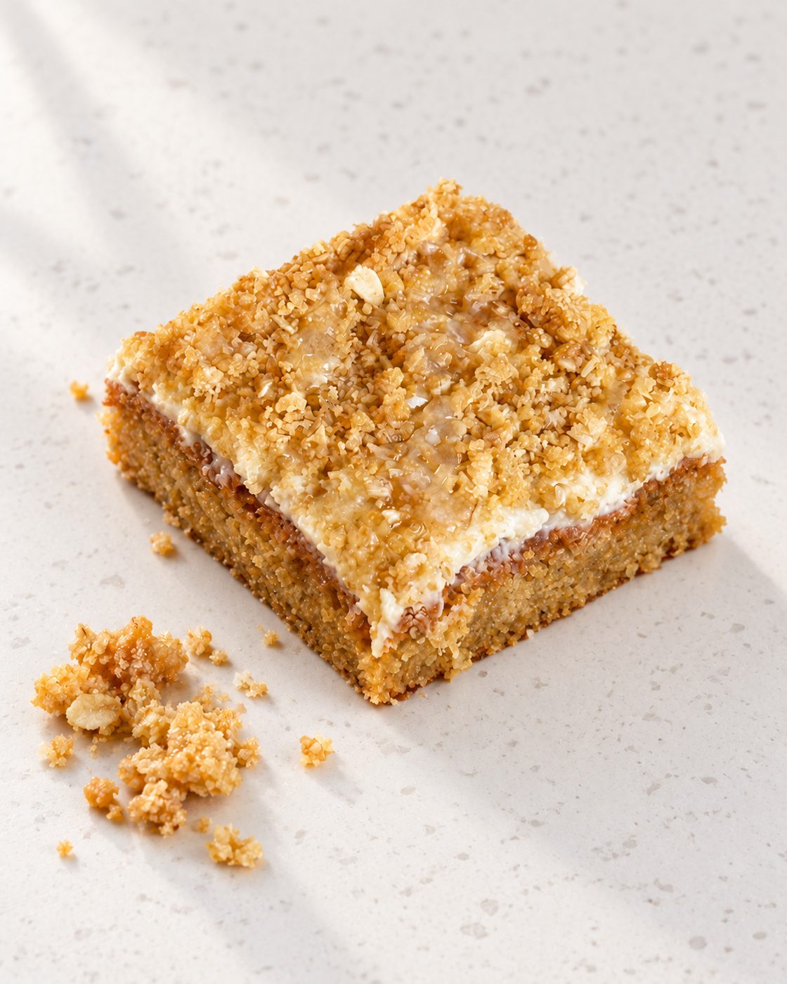 A Salted Honey Cornbread bar with buttercream and crunchy crumble
